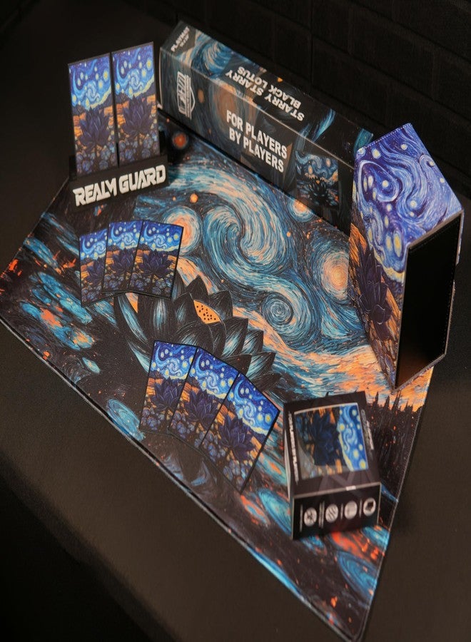 Realm Guard بساط لعب Realm Guard - مقاس 14x24 لألعاب الورق/السحر (زهرة اللوتس السوداء المرصعة بالنجوم) - Image 2
